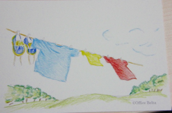 できあがり 風にそよぐ仲良し洗濯もの